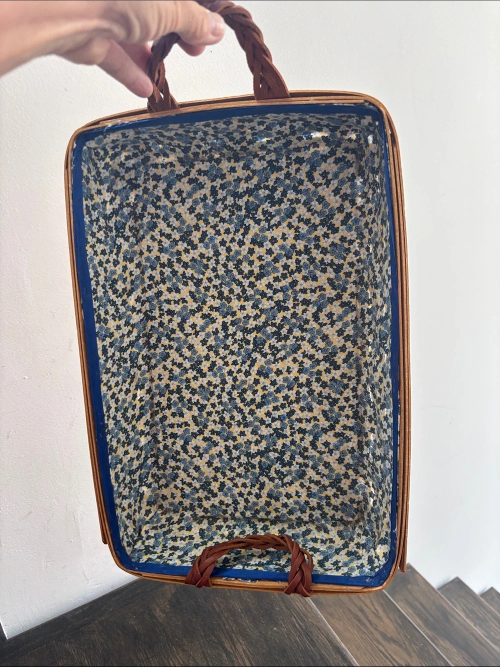 Longaberger basket 2008 w/ blue cloth lining, woven leather handles, 10.5x15x3”